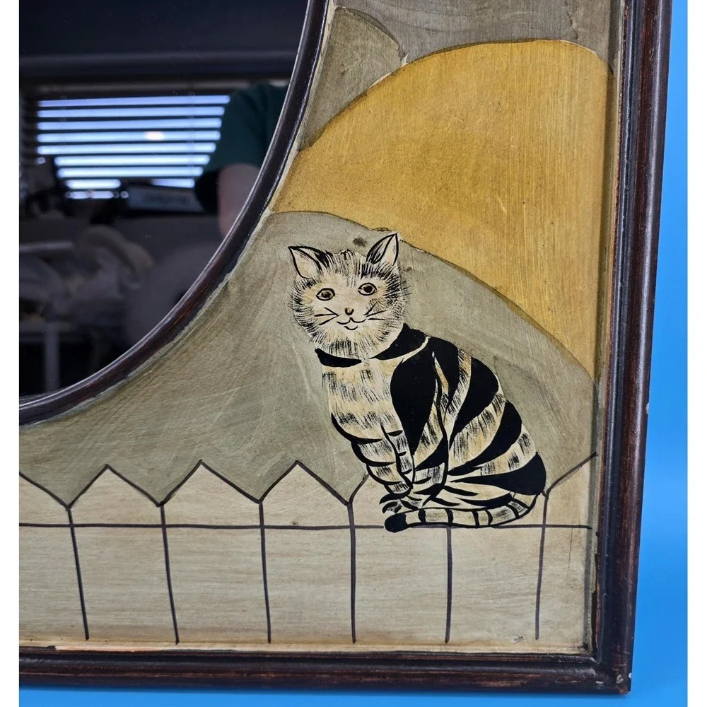 Vtg Folk Art Framed Mirror w/ Hand Painted Cats on Fence Hills 27x33